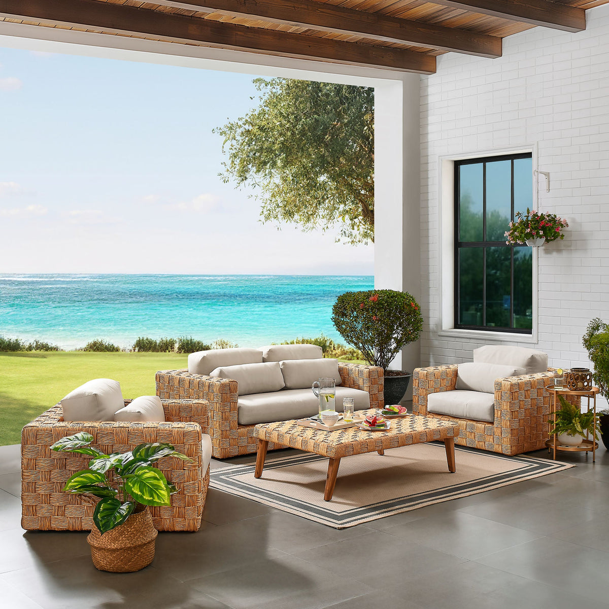 Thames 4-piece outdoor wicker sofa sectional set with beige cushions by HouseOfZazla on Tampa Home & Garden Store