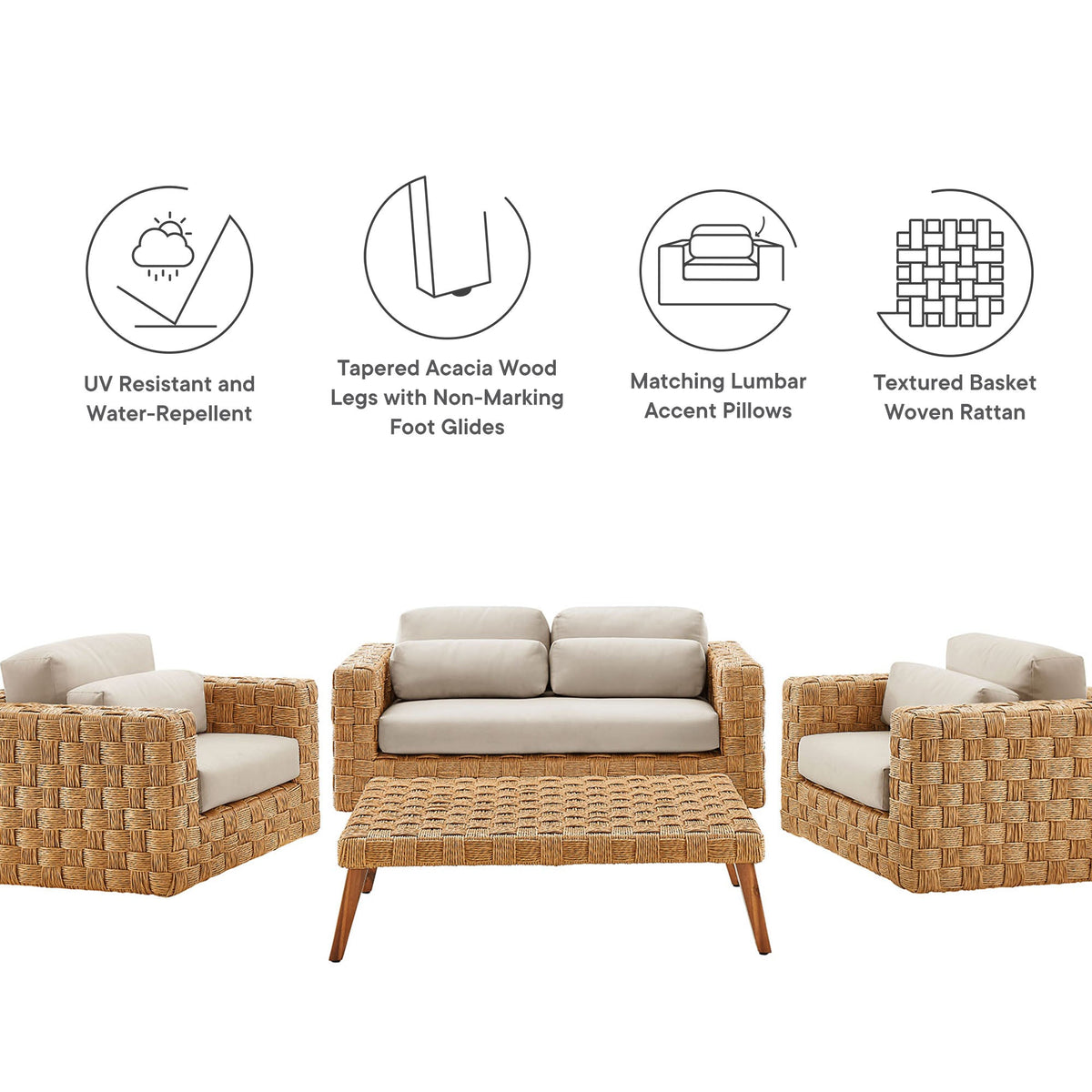 Thames 4-Piece outdoor wicker furniture set with beige cushions; sofa and 2 chairs with ottoman on Tampa Home & Garden Store