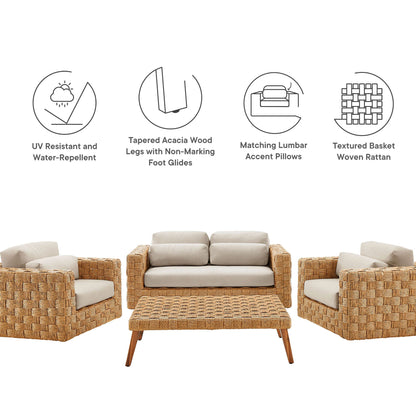 Thames 4-Piece outdoor wicker furniture set with beige cushions; sofa and 2 chairs with ottoman on Tampa Home & Garden Store