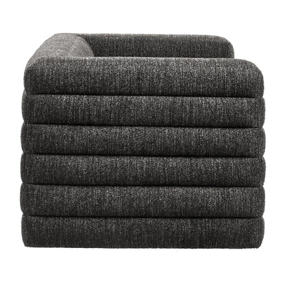 Relle Channel Tufted Boucle Upholstered Loveseat fabric swatches in charcoal gray, stacked on Tampa Home & Garden Store