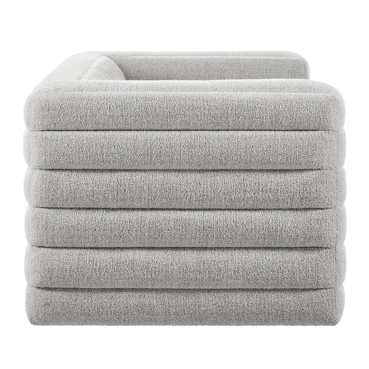Relle Channel Tufted Boucle Upholstered Loveseat in light gray boucle fabric, plush texture on Tampa Home & Garden Store