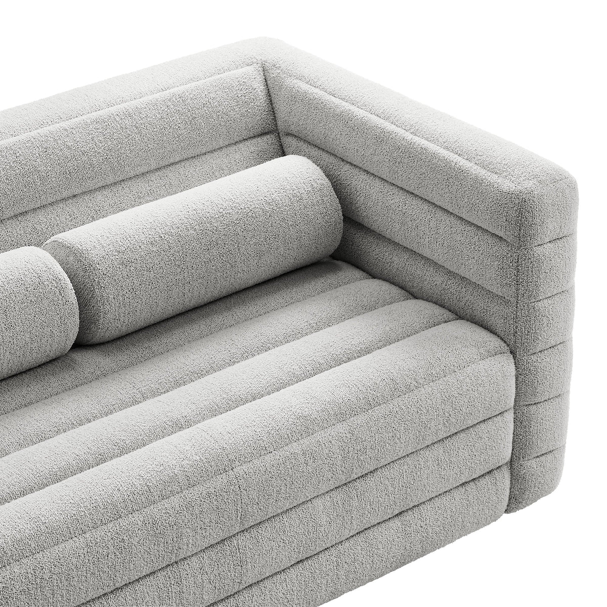 Relle Channel Tufted Boucle Loveseat in light gray boucle fabric with rolled arms on Tampa Home & Garden Store