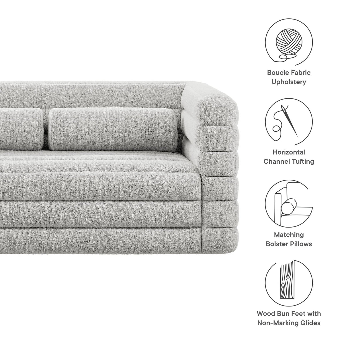 Relle Channel Tufted Boucle Loveseat in light gray with tufting and rounded arms on Tampa Home & Garden Store