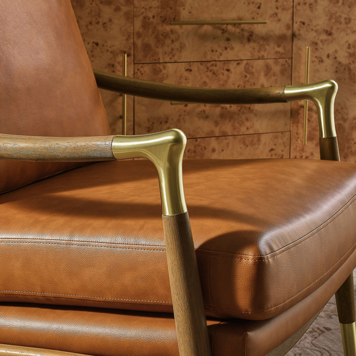 Langford vegan leather accent armchair brown leather seat with wooden armrests brass hardware on Tampa Home & Garden Store