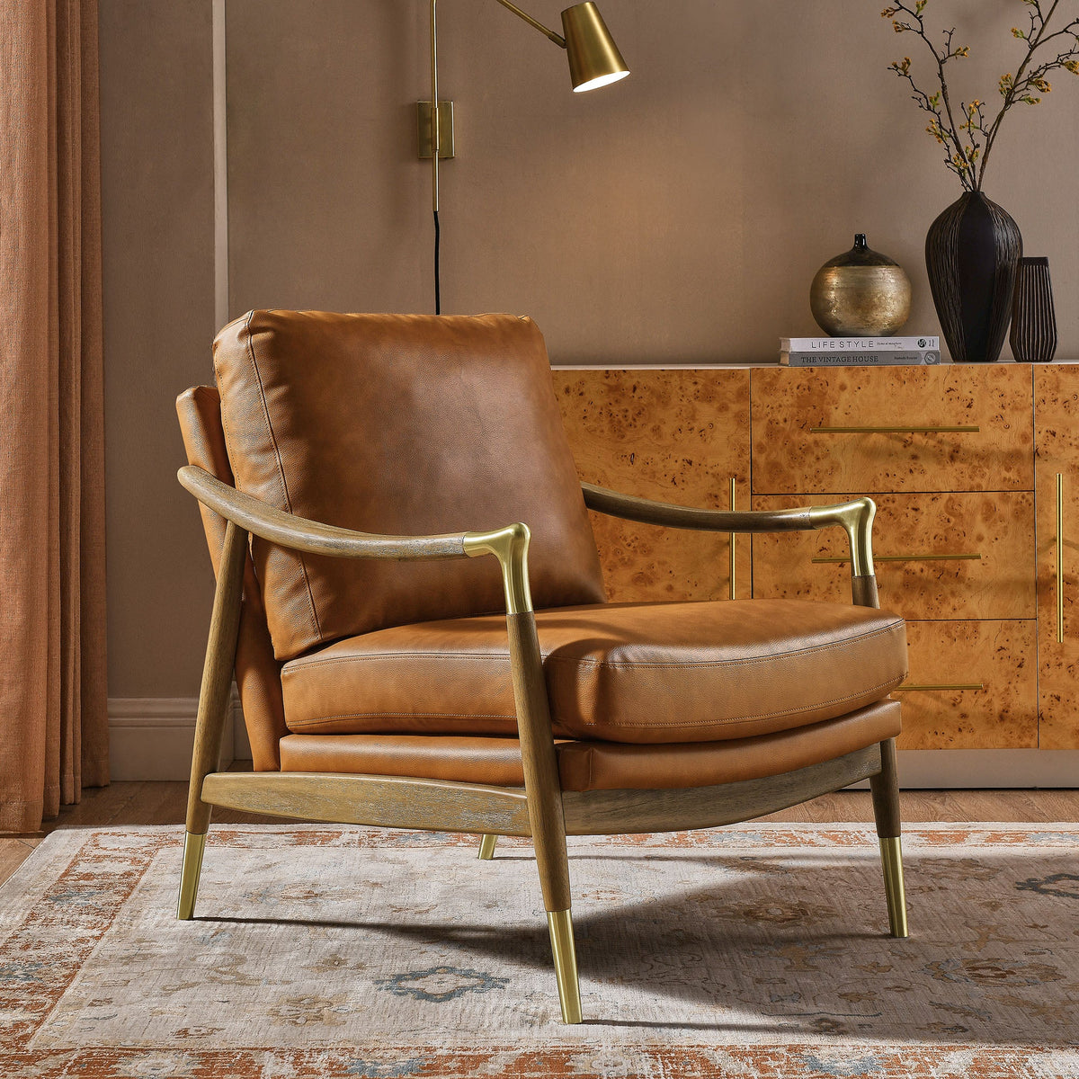 Langford vegan leather accent armchair with brass legs in warm tan by Modway on Tampa Home & Garden Store
