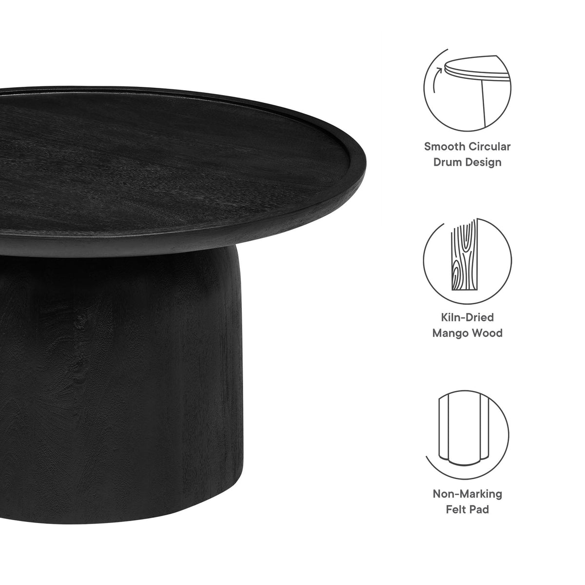 Coffee table Holloway 30in round mango wood black finish with smooth circular drum design on Tampa Home & Garden Store
