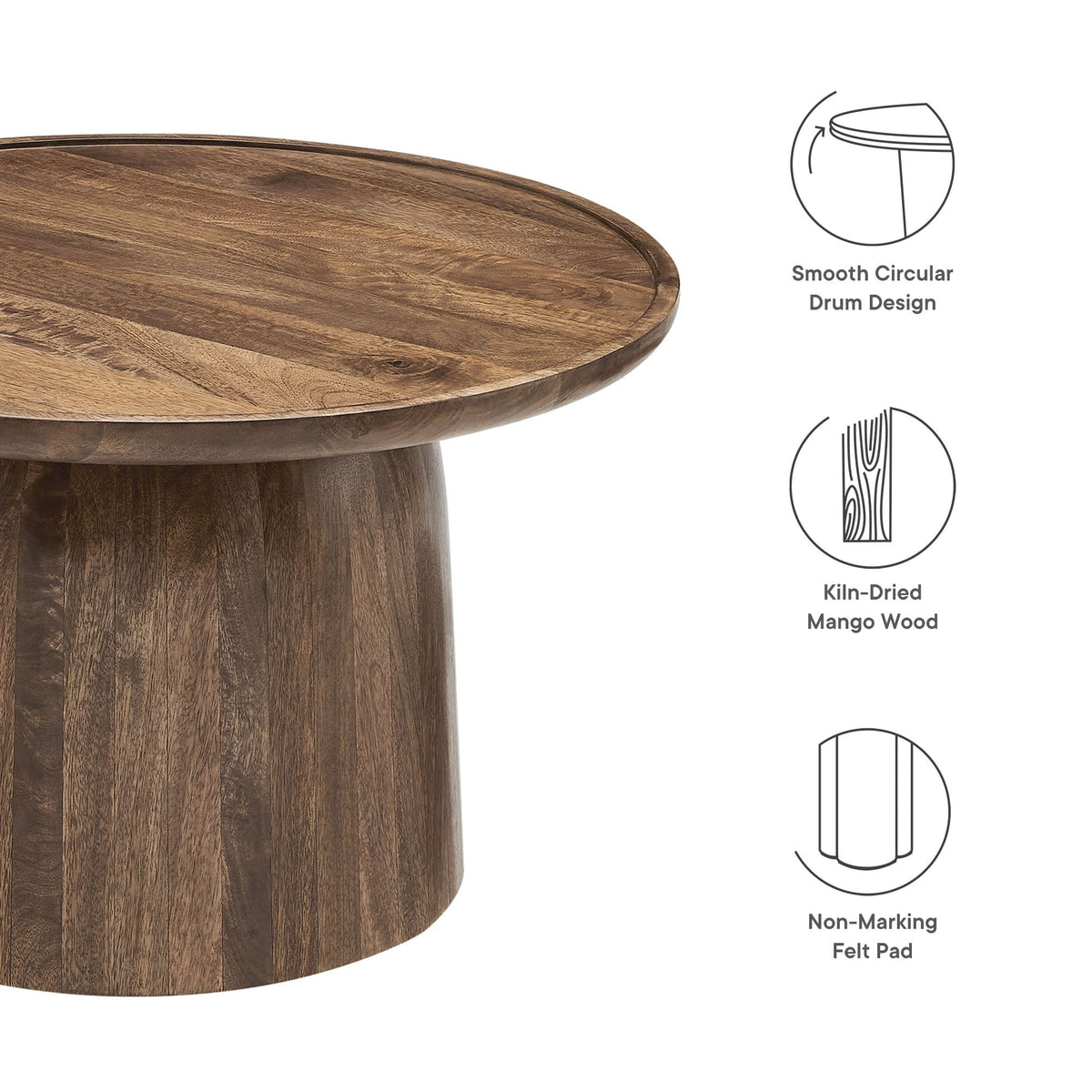 Holloway 30in Round Mango Wood Coffee Table by Modway, round drum design, warm brown mango wood on Tampa Home & Garden Store