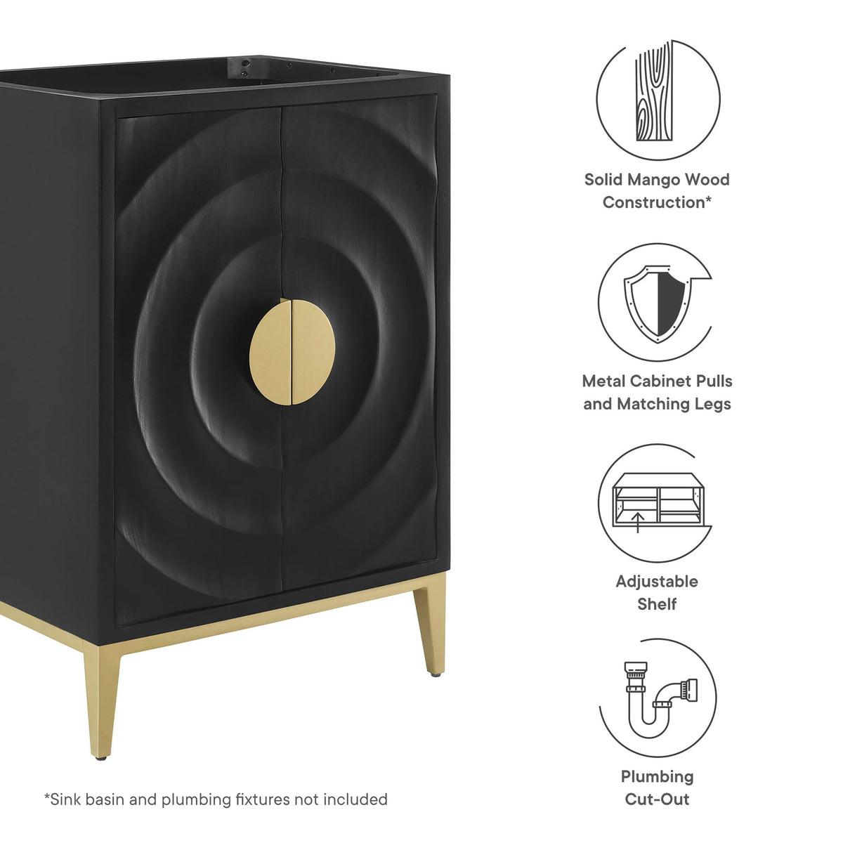 Beau 24in bathroom vanity black mango wood cabinet gold legs brass pulls HouseOfZazla on Tampa Home & Garden Store