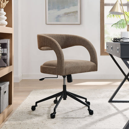 Pinnacle Upholstered Office Chair in brown fabric with curved arms and a black wheeled base on Tampa Home & Garden Store