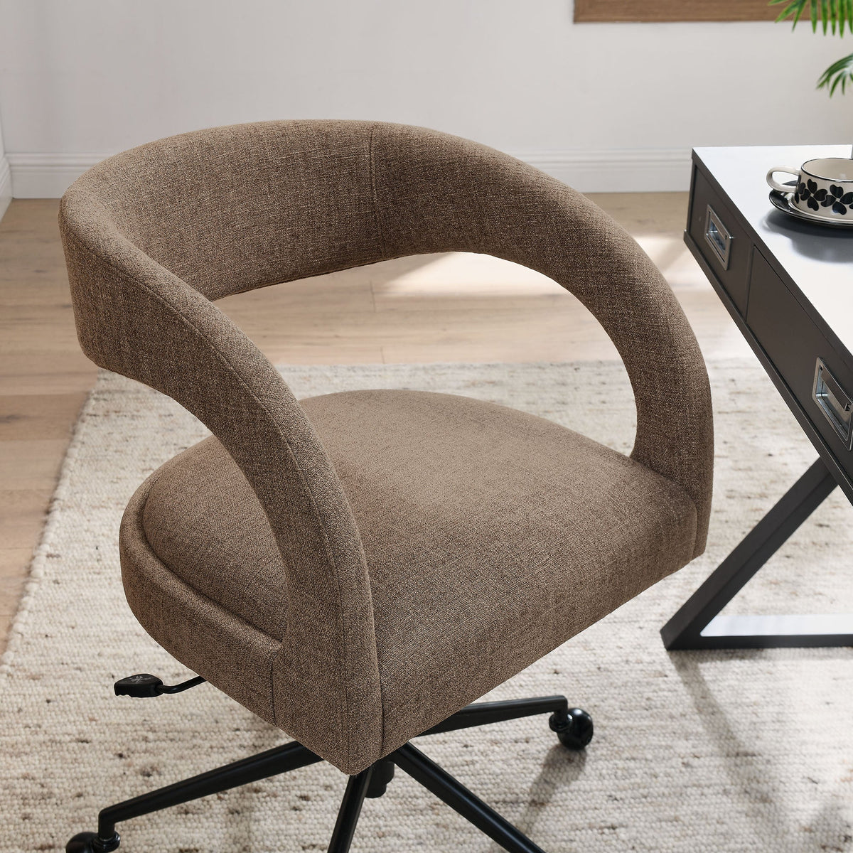Pinnacle Upholstered Office Chair in brown textured fabric with curved back and black metal base on Tampa Home & Garden Store