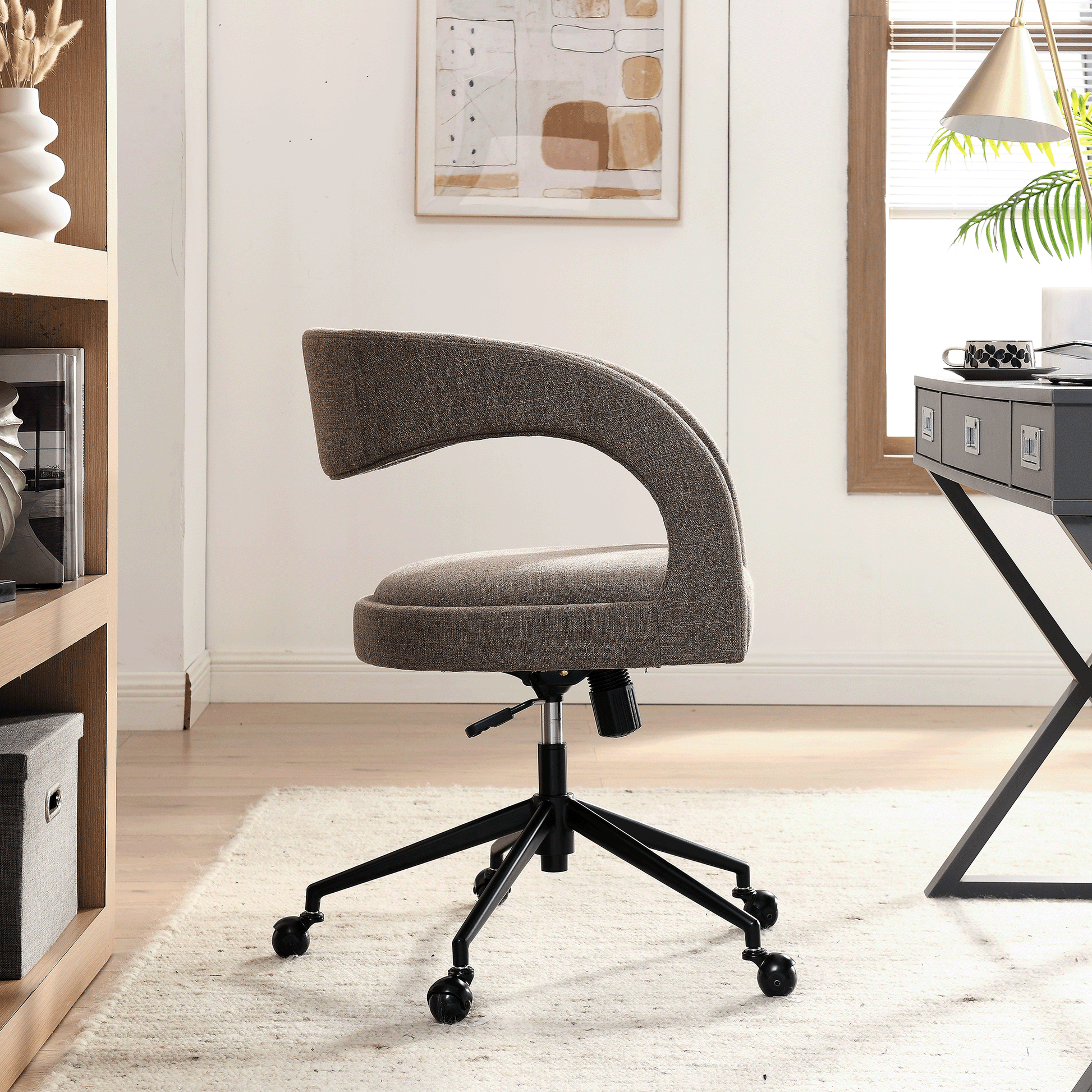 Pinnacle Upholstered Office Chair in gray fabric with curved back and wheeled five-star base on Tampa Home & Garden Store