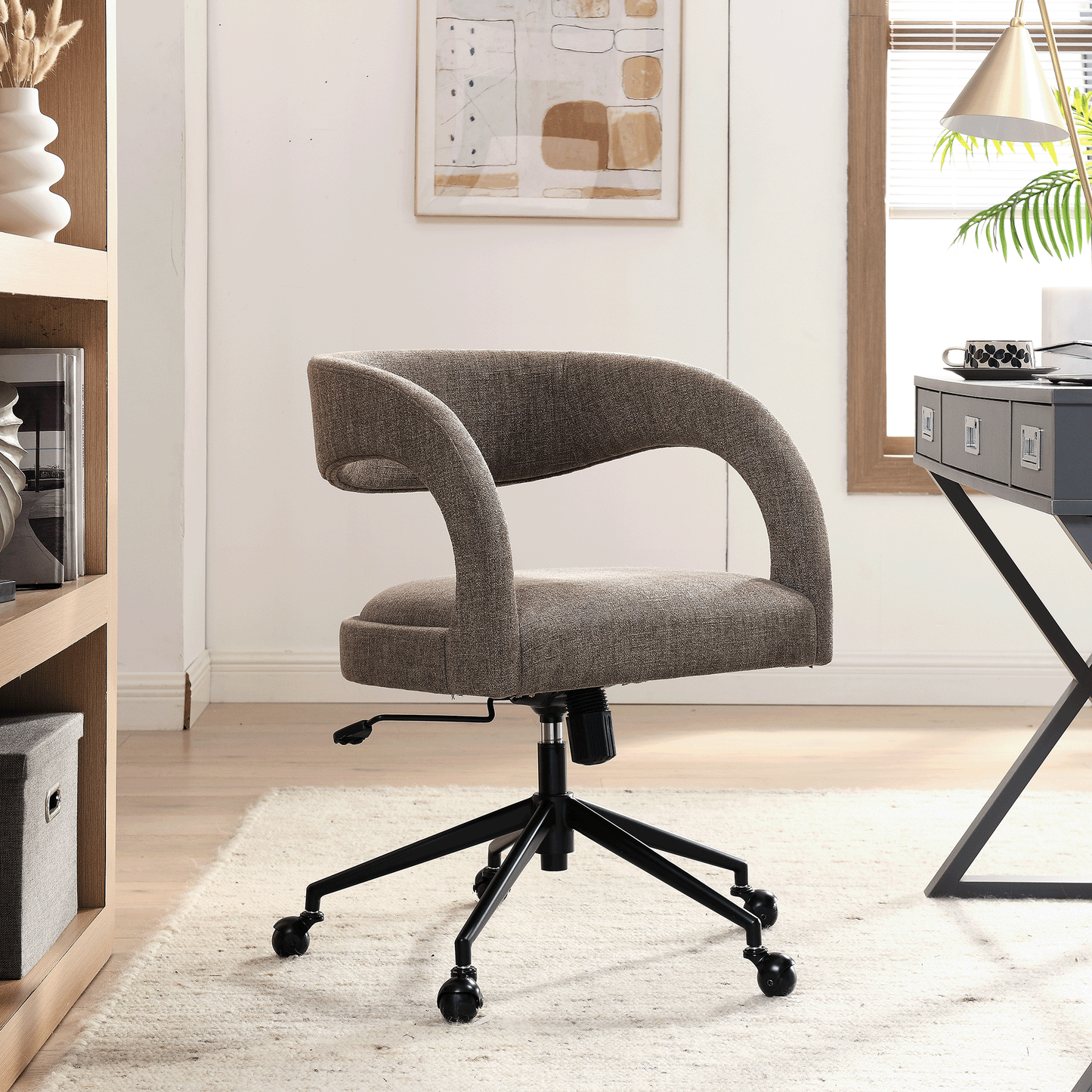 Pinnacle Upholstered Office Chair by HouseOfZazla in taupe fabric with curved arms on Tampa Home & Garden Store