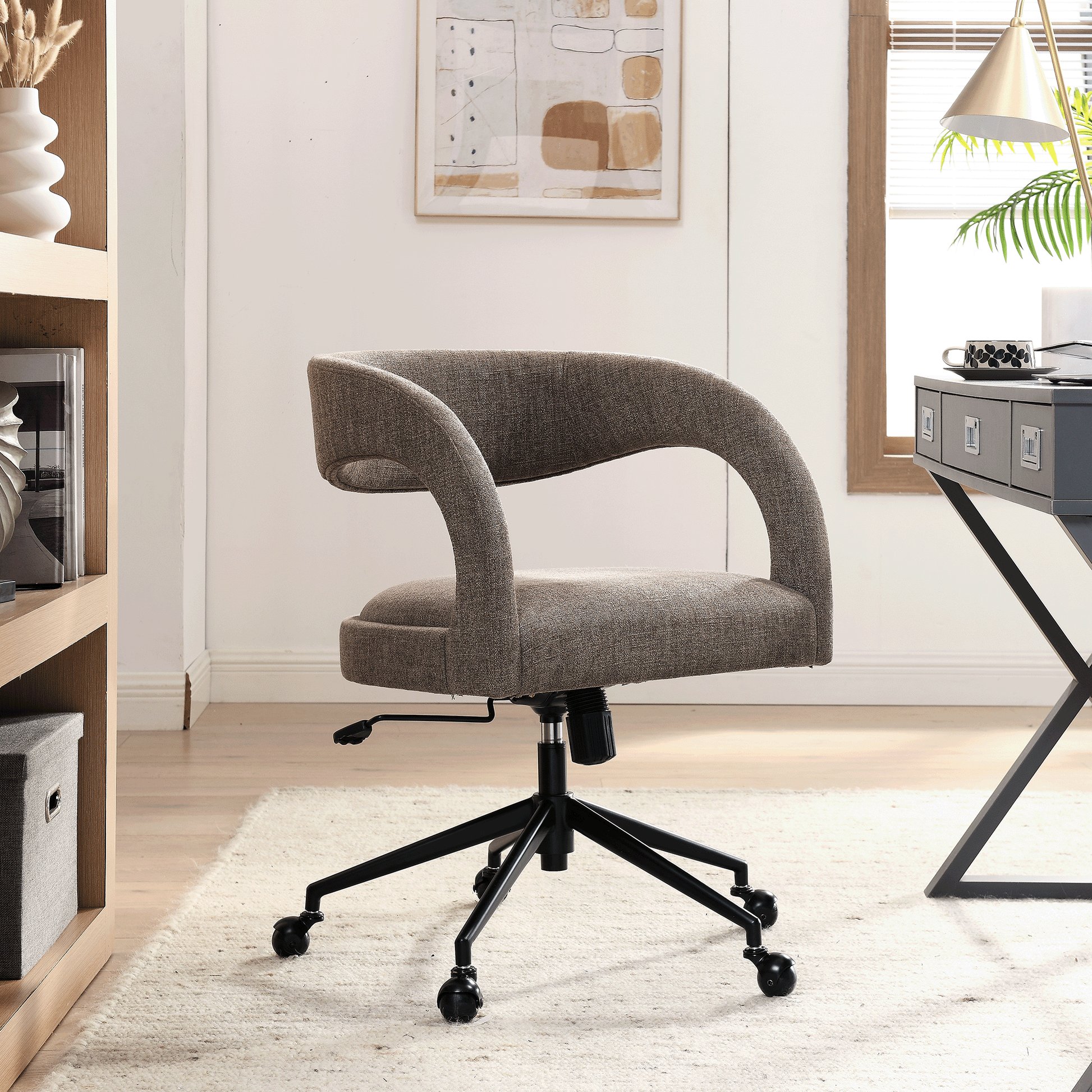 Pinnacle Upholstered Office Chair by HouseOfZazla in taupe fabric with curved arms on Tampa Home & Garden Store
