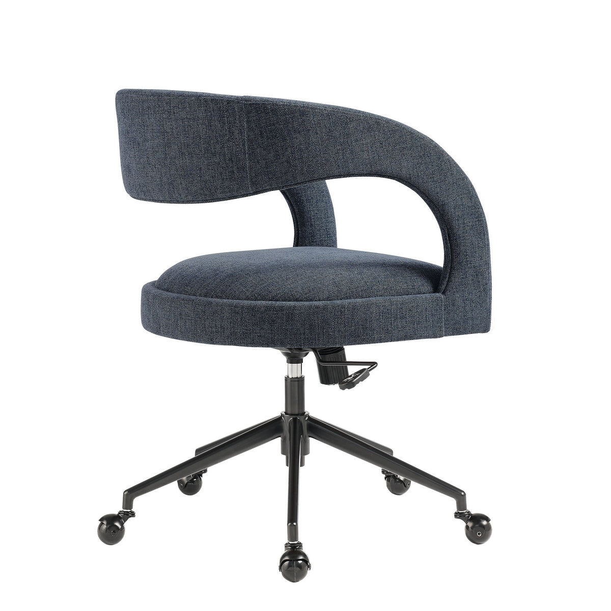 Pinnacle upholstered office chair in blue-gray fabric with curved arms and wheeled base on Tampa Home & Garden Store