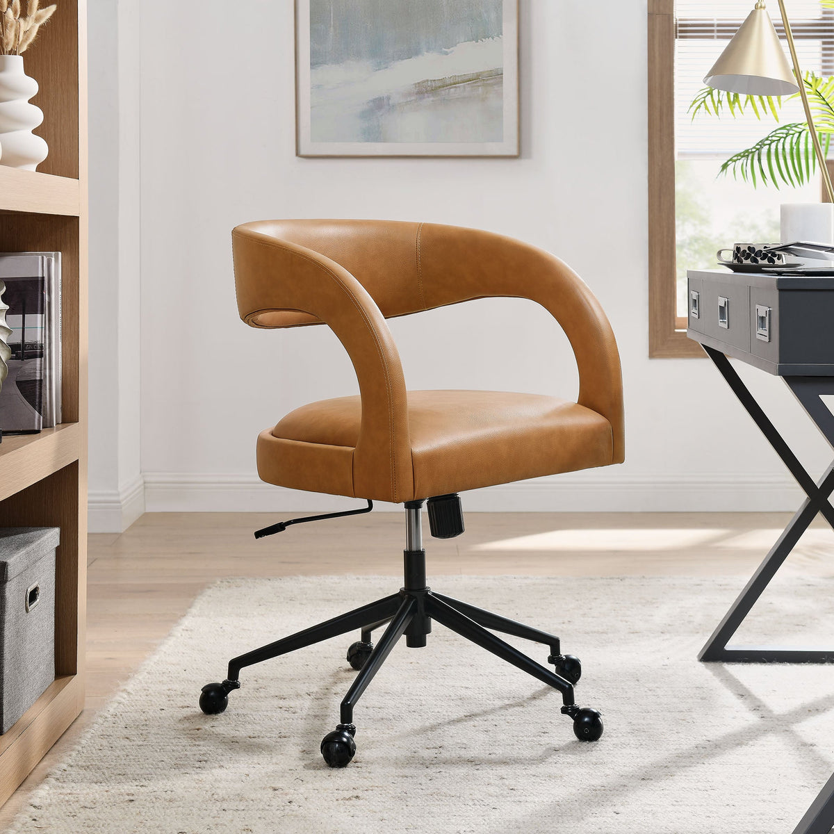Pinnacle vegan leather office chair by Modway in tan with curved arms and black rolling base on Tampa Home & Garden Store