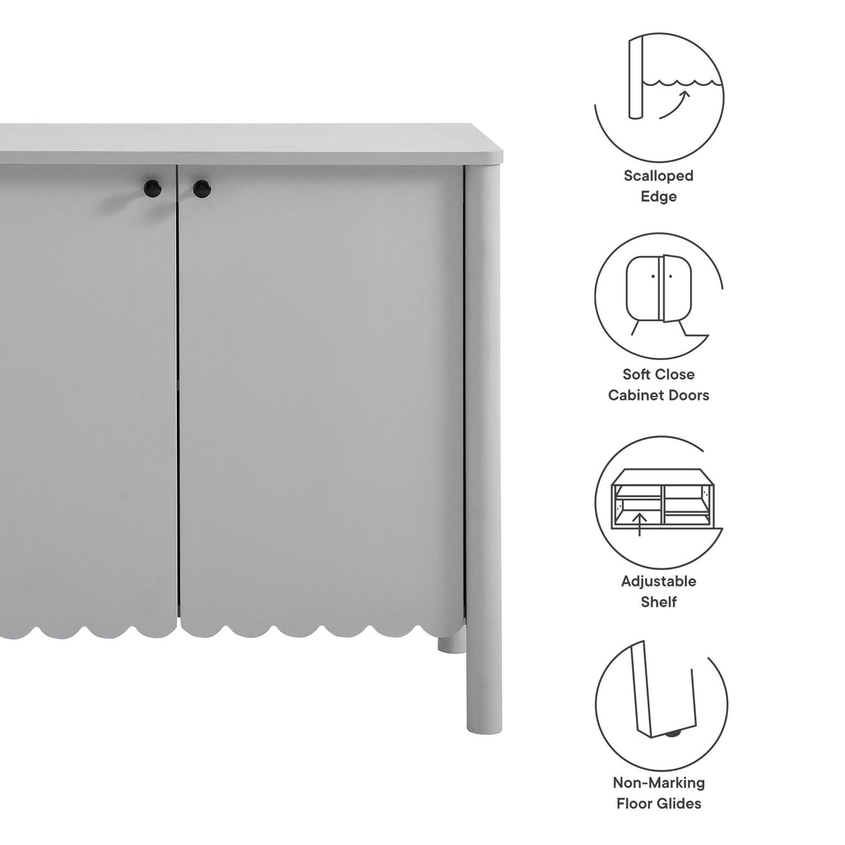 Modway Emmeline 35in 2-Door scalloped-edge sideboard cabinet in gray with black knobs on Tampa Home & Garden Store