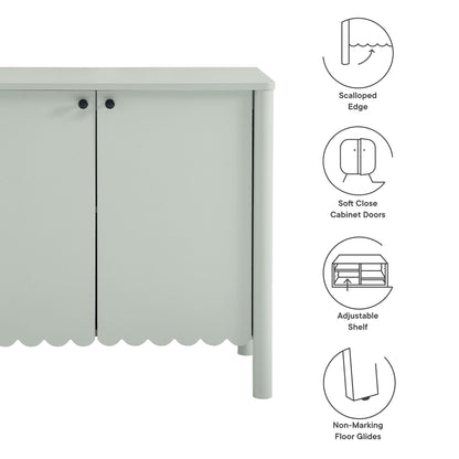 Emmeline 35-inch 2-Door Scalloped Sideboard Cabinet in pale gray-green with black knobs on Tampa Home & Garden Store