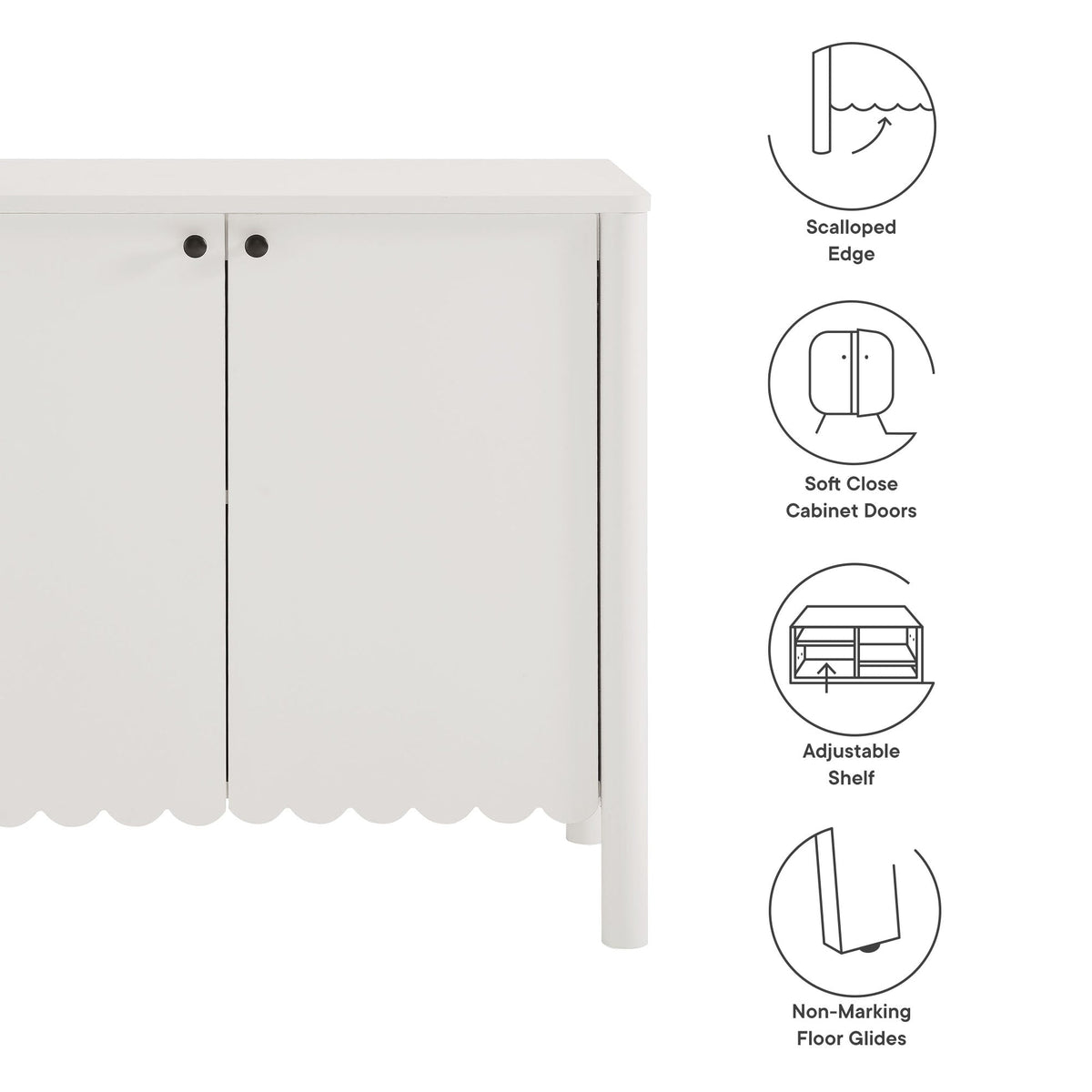 Emmeline 35in 2-door scalloped sideboard cabinet, white finish with black knobs on Tampa Home & Garden Store