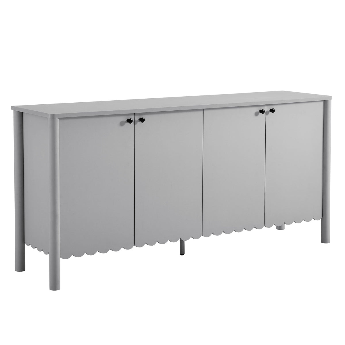 Emmeline 66-inch 4-Door Scalloped Sideboard Cabinet in light gray with black knob pulls on Tampa Home & Garden Store