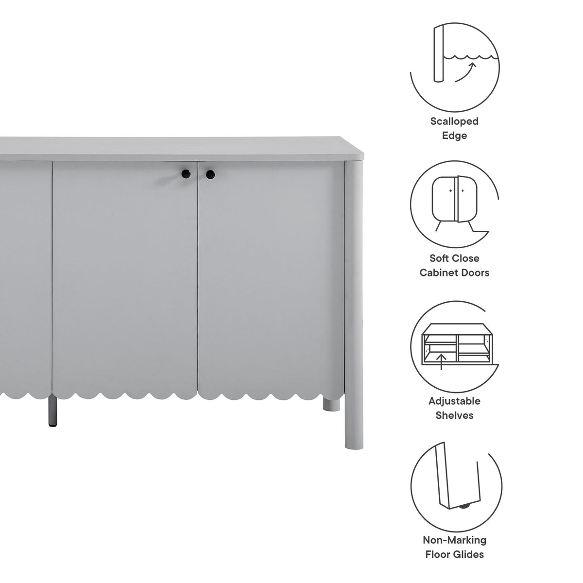 Emmeline 66-inch 4-Door Scalloped Sideboard Cabinet gray with metal legs HouseOfZazla on Tampa Home & Garden Store
