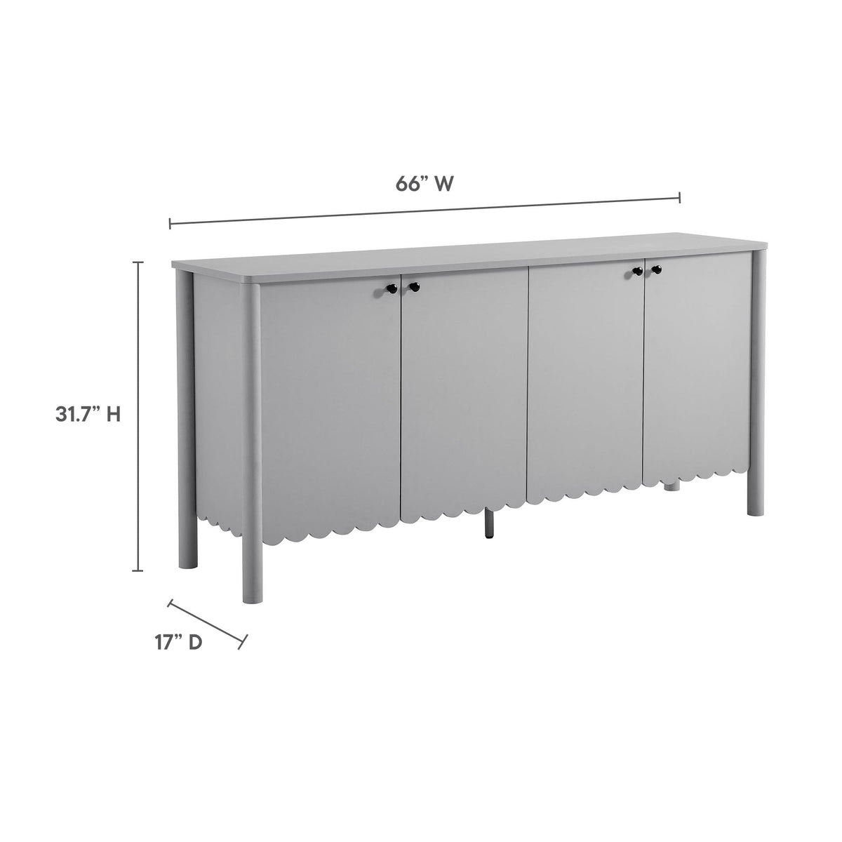 Emmeline 66in 4-door scalloped sideboard in gray with black knobs; 31.7in H x 17in D by Modway on Tampa Home & Garden Store