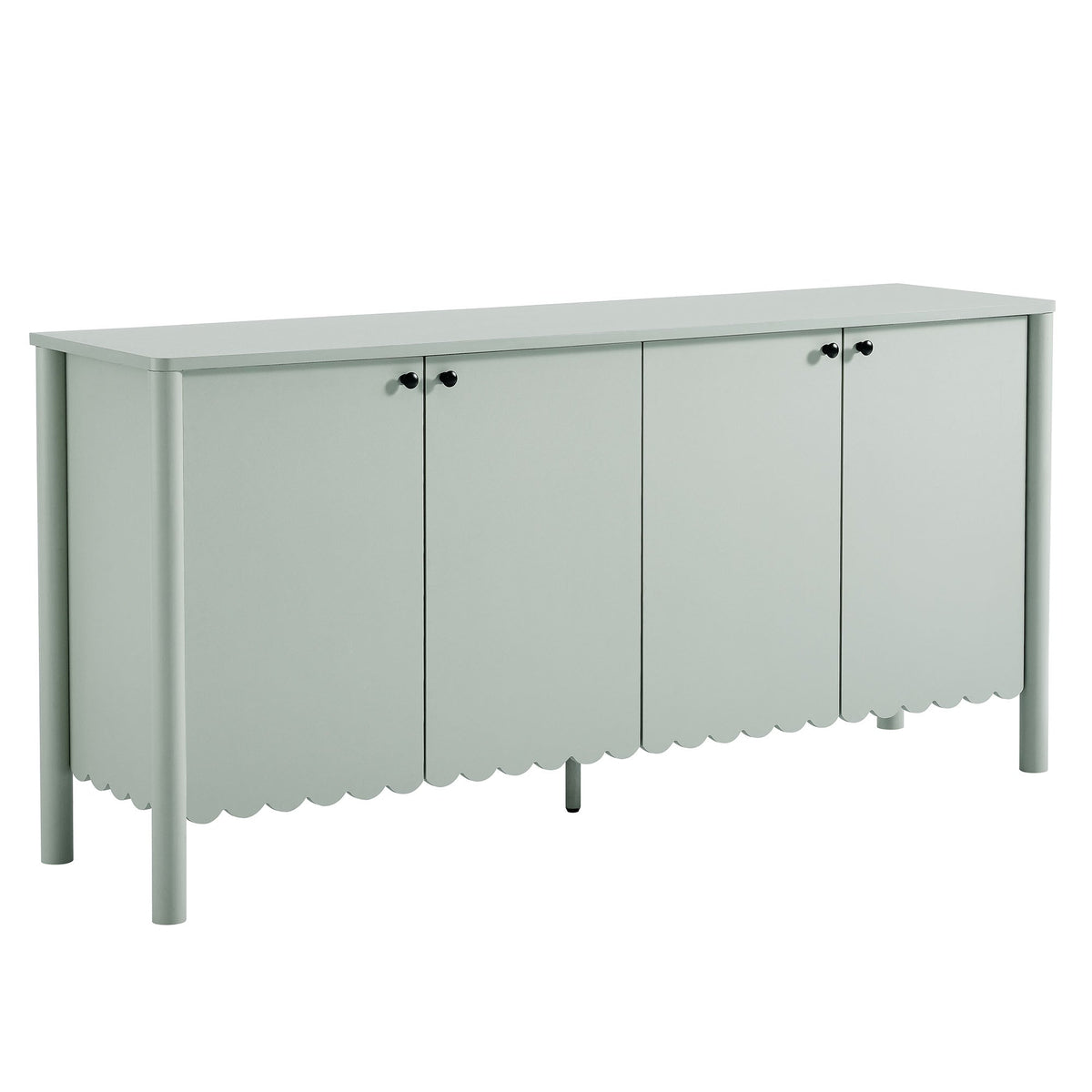 Emmeline 66in 4-Door scalloped sideboard cabinet in pale sage with black knobs on Tampa Home & Garden Store