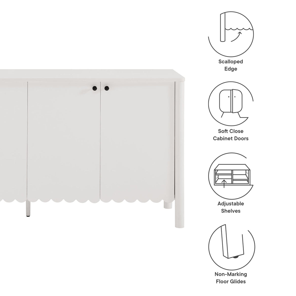 Modway Emmeline 66in 4-door scalloped-edge sideboard cabinet in white with black knobs on Tampa Home & Garden Store