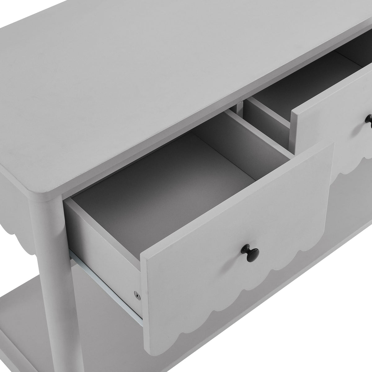 Emmeline 3-Drawer Scalloped Console Table in pale gray with dark knobs by HouseOfZazla on Tampa Home & Garden Store