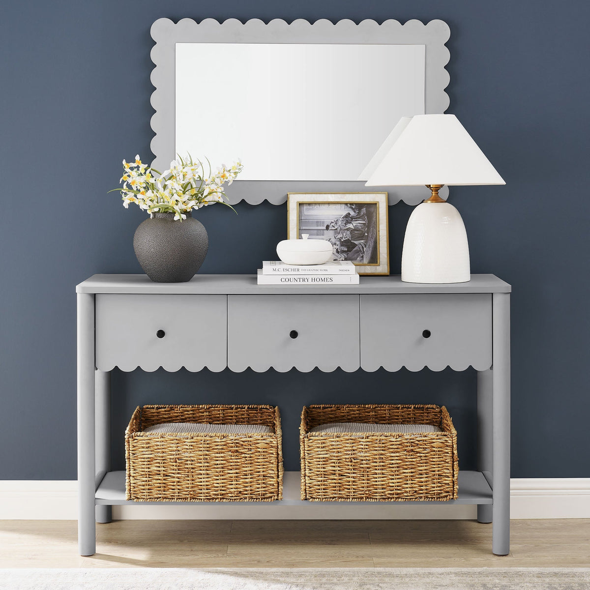 Emmeline 3-Drawer Scalloped Console Table by Modway in gray finish with scalloped frame on Tampa Home & Garden Store