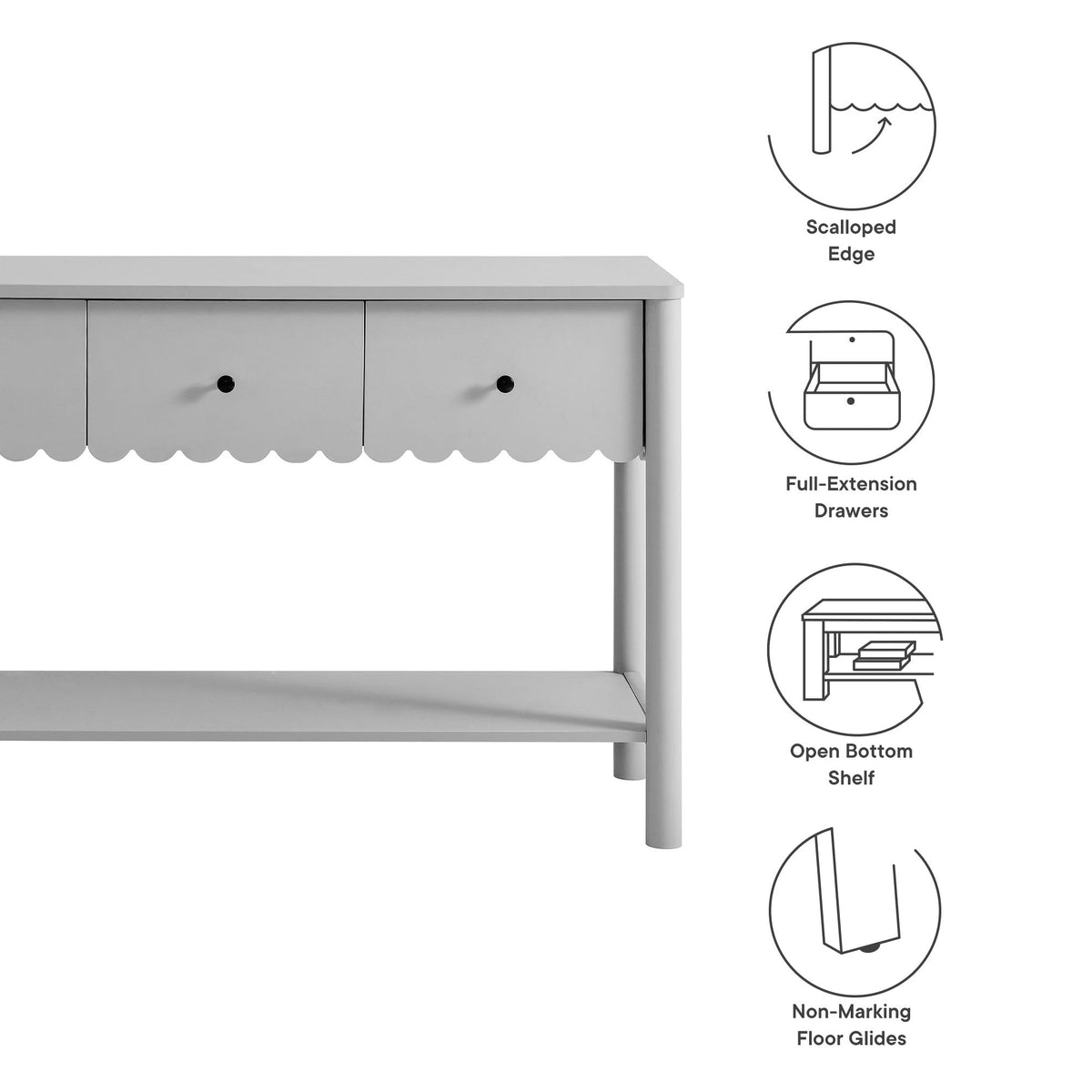 Emmeline 3-Drawer Scalloped Console Table, gray finish, HouseOfZazla Living Room on Tampa Home & Garden Store
