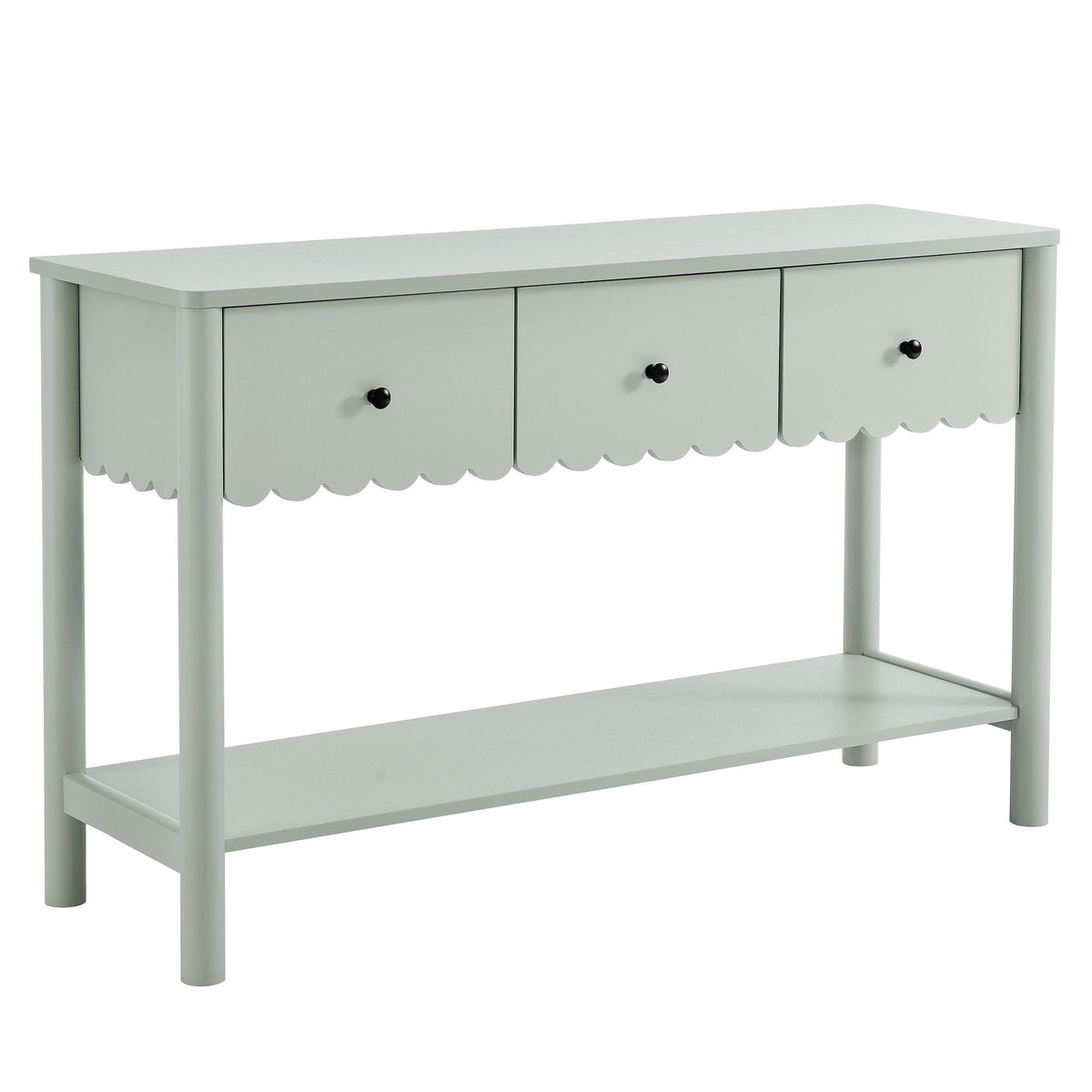 Emmeline 3-Drawer Scalloped Console Table in pale sage finish with black knobs on Tampa Home & Garden Store
