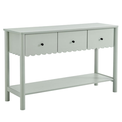 Emmeline 3-Drawer Scalloped Console Table in pale sage finish with black knobs on Tampa Home & Garden Store