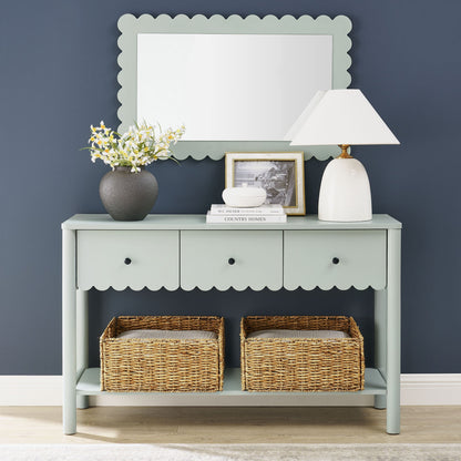 Emmeline 3-Drawer Scalloped Console Table in sage green for living room decor on Tampa Home & Garden Store