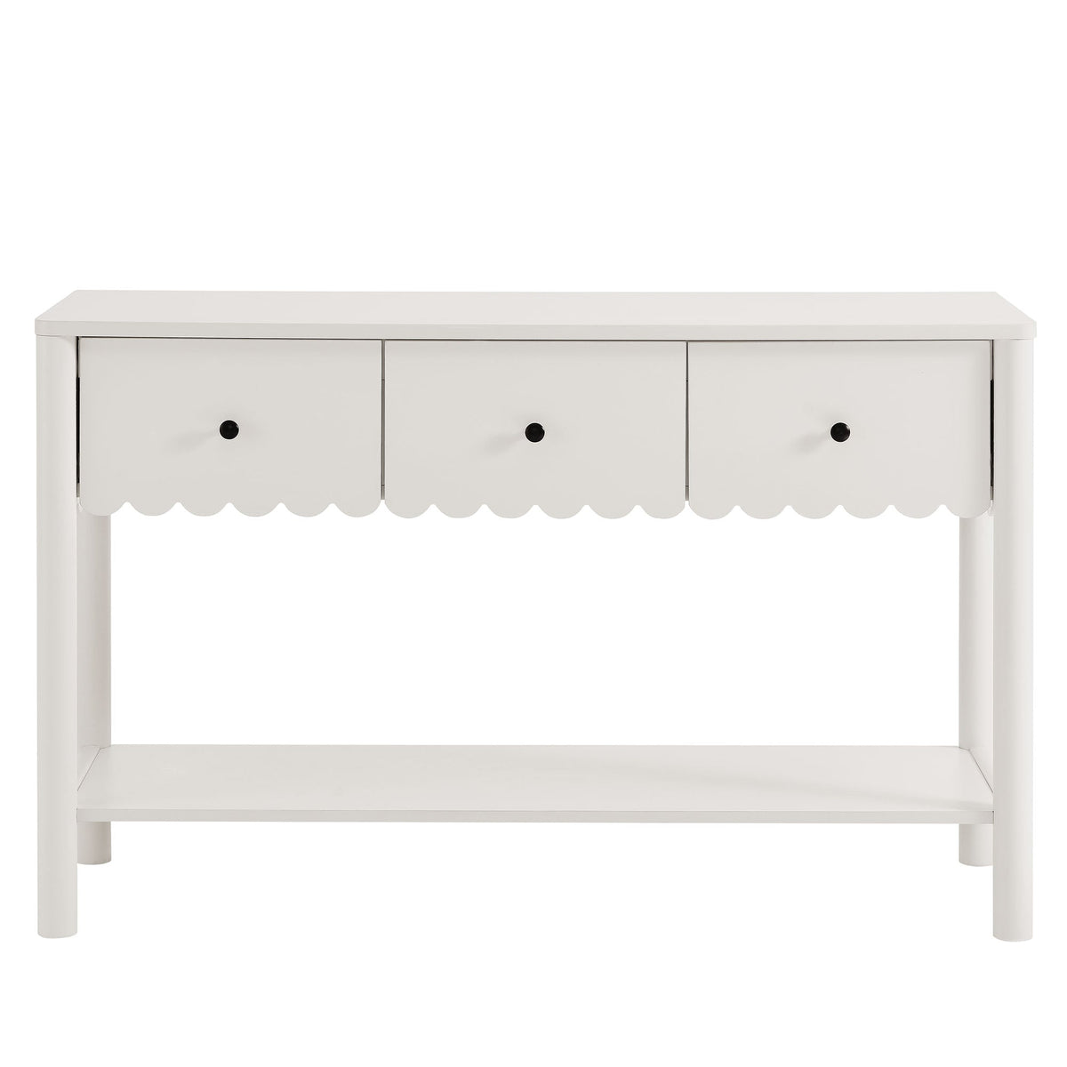 Emmeline 3-Drawer Scalloped Console Table in white with black knobs, 3 drawers on Tampa Home & Garden Store