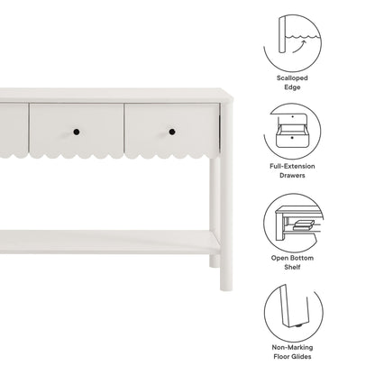Emmeline 3-Drawer Scalloped Console Table white with scalloped edge and round knob pulls on Tampa Home & Garden Store