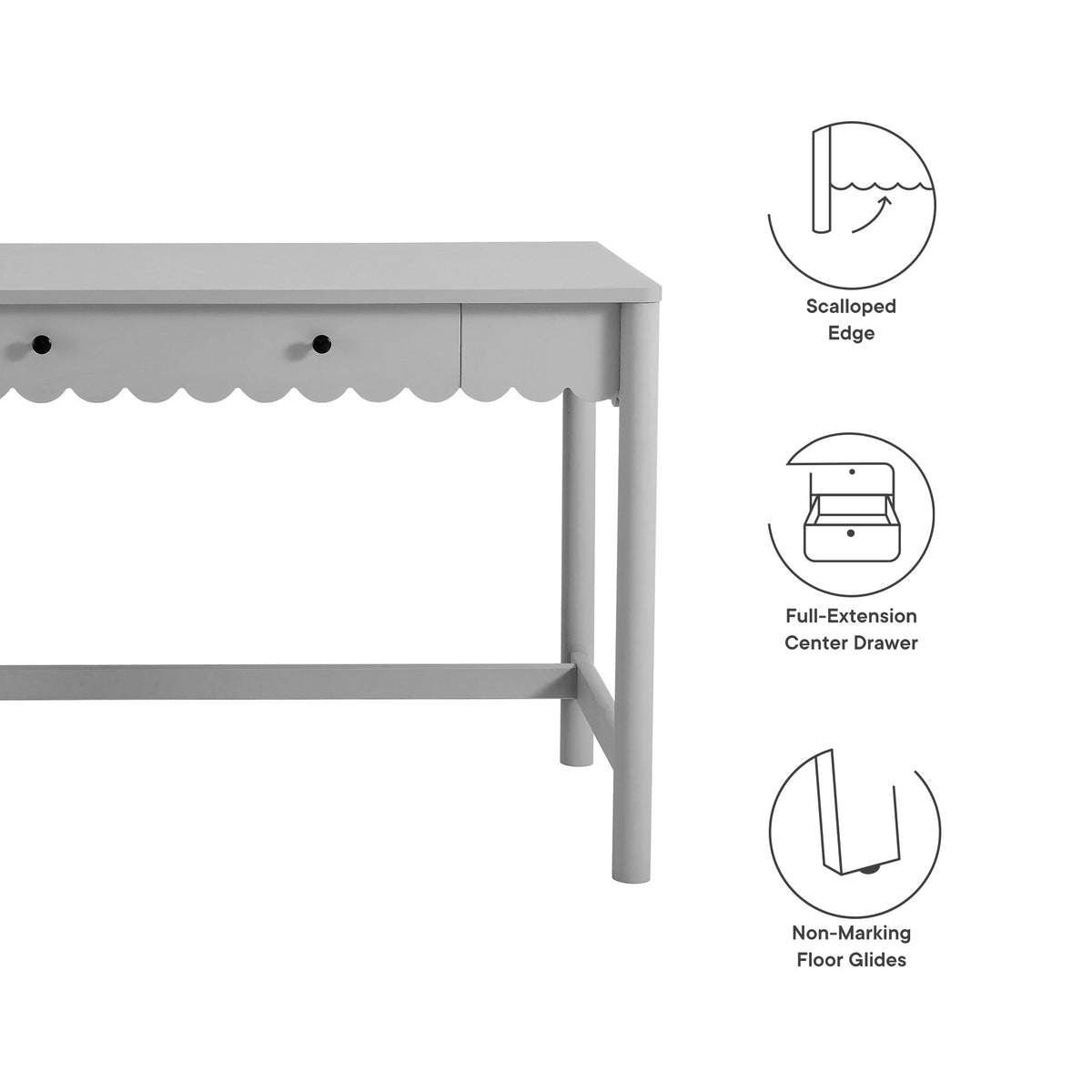 Emmeline 1-Drawer Scallop Writing Desk, light gray, scalloped edge, single front drawer on Tampa Home & Garden Store