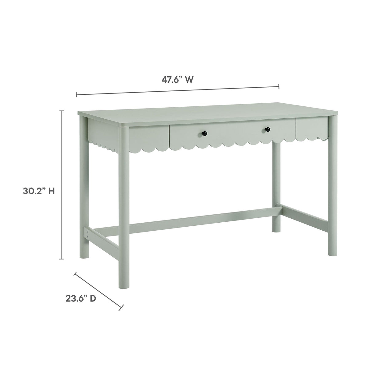 Emmeline 1-Drawer Scallop Writing Desk in sage green with scalloped apron and black knob; 47.6W x 30.2H x 23.6D on Tampa Home & Garden Store