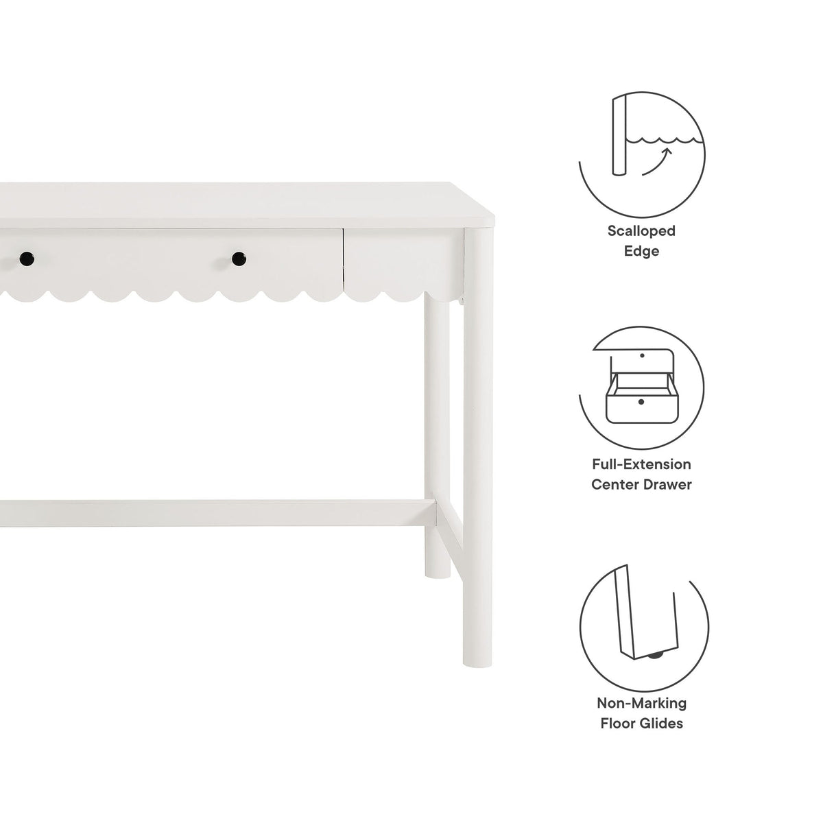 Emmeline 1-Drawer Scallop Writing Desk, white finish with scalloped edge and single drawer on Tampa Home & Garden Store