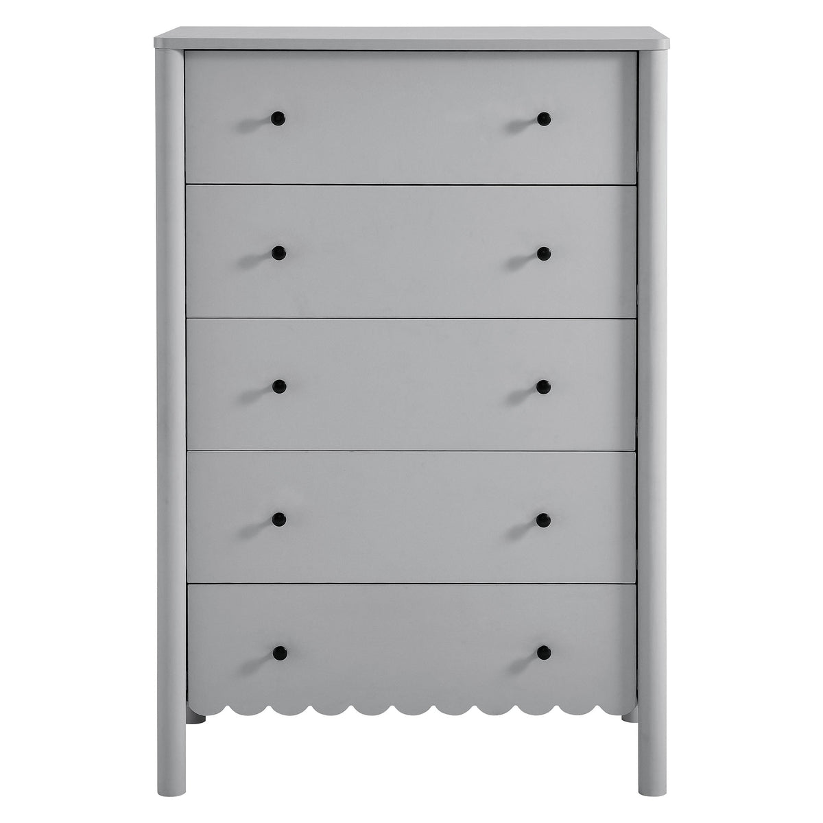 Emmeline Scalloped 5-Drawer Chest, gray finish with black knob pulls on Tampa Home & Garden Store