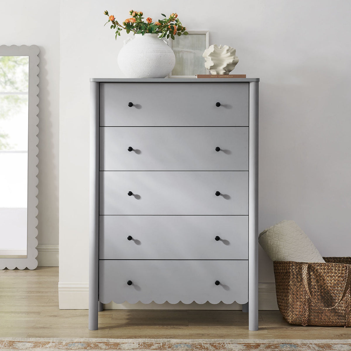 Emmeline Scalloped 5-Drawer Chest Modway gray dresser with scalloped edge and black knobs on Tampa Home & Garden Store