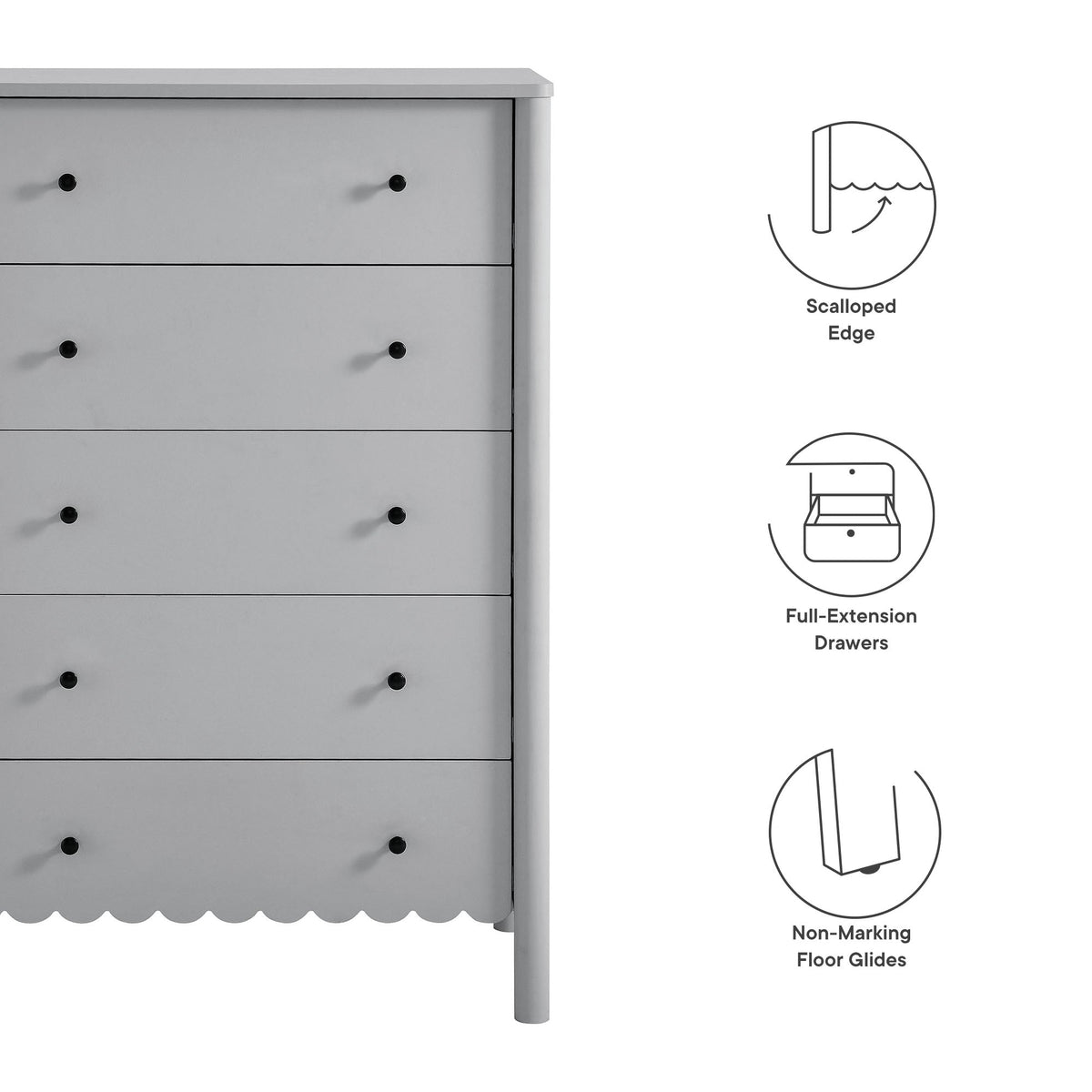 Emmeline scalloped 5-drawer dresser by Modway in gray with round black knobs on Tampa Home & Garden Store
