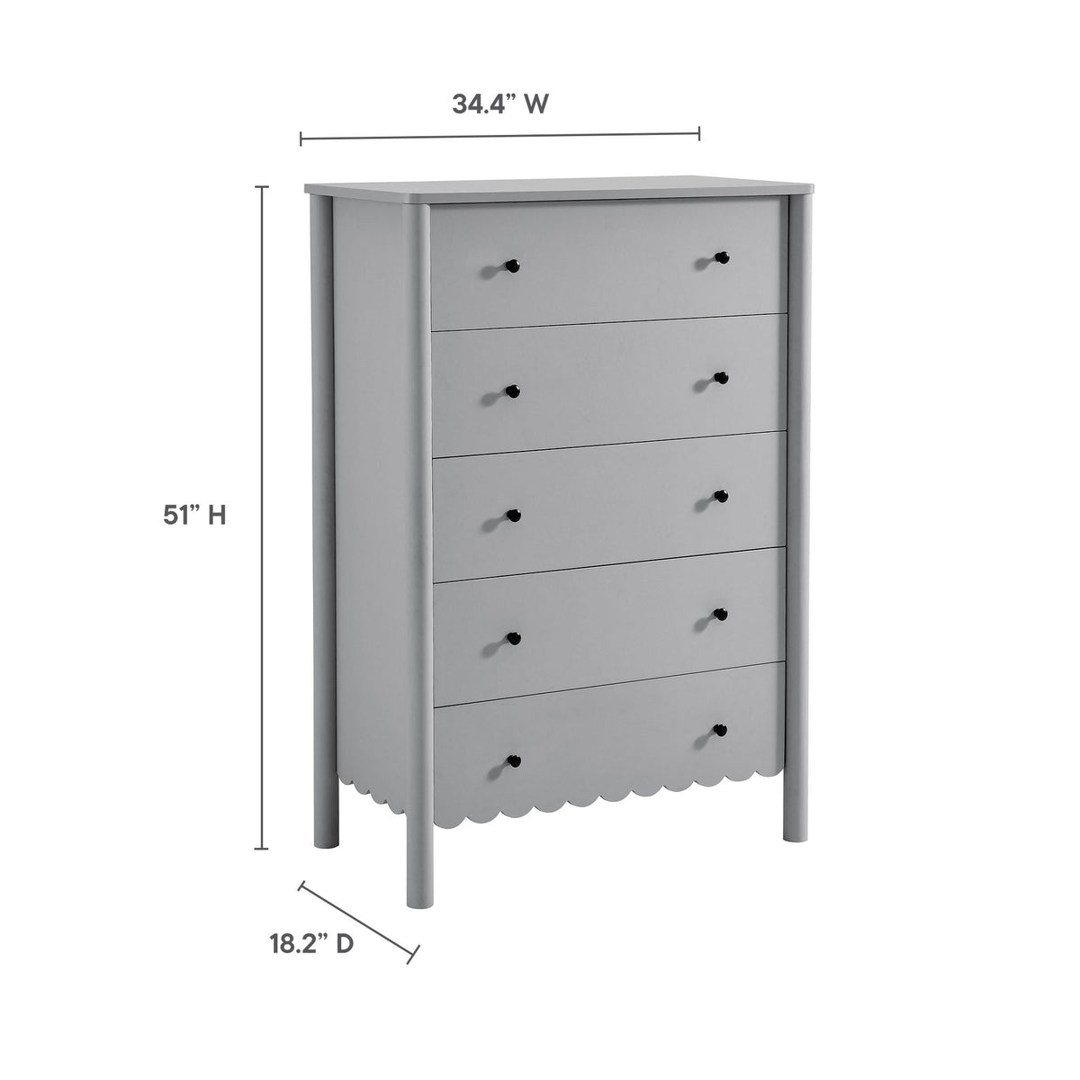 Emmeline Scalloped 5-Drawer Chest by Modway in gray finish with black knobs, 5 drawers on Tampa Home & Garden Store
