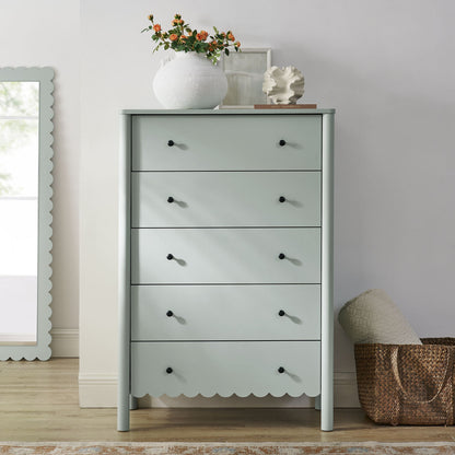 Emmeline scalloped 5-drawer chest in mint green with black knobs on display on Tampa Home & Garden Store