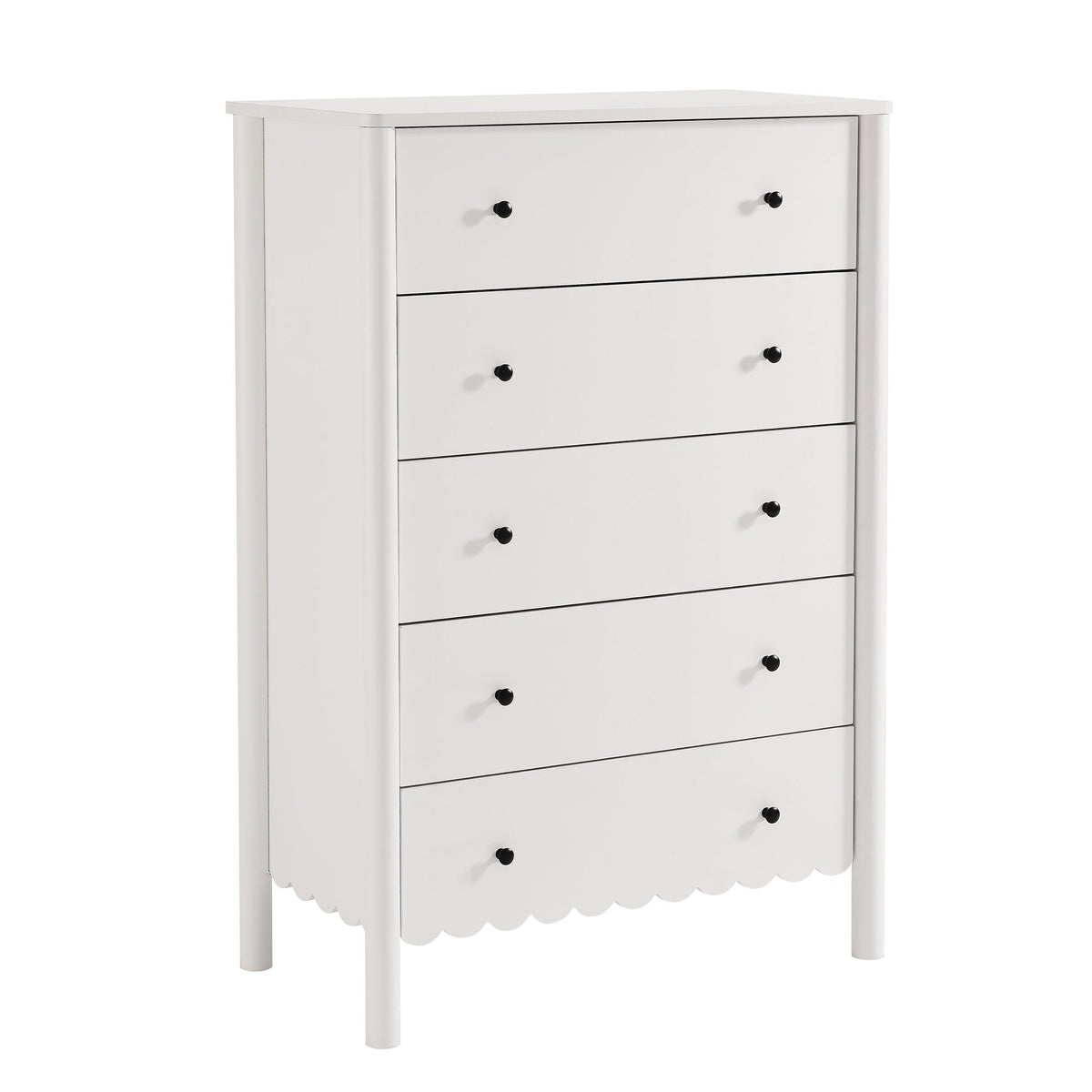 Emmeline scalloped 5-drawer chest in white with black knob pulls on Tampa Home & Garden Store