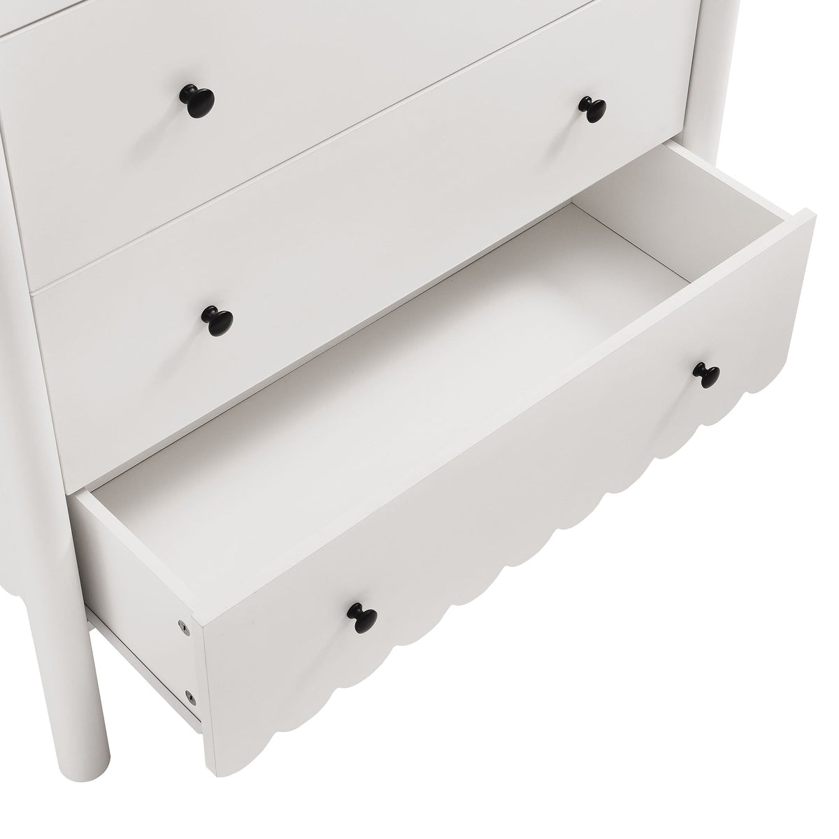 Emmeline 5-Drawer Chest in white with scalloped apron and black knobs by HouseOfZazla on Tampa Home & Garden Store