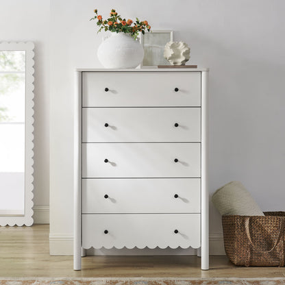 Emmeline Scalloped 5-Drawer Chest by Modway; white dresser with black knob pulls on Tampa Home & Garden Store