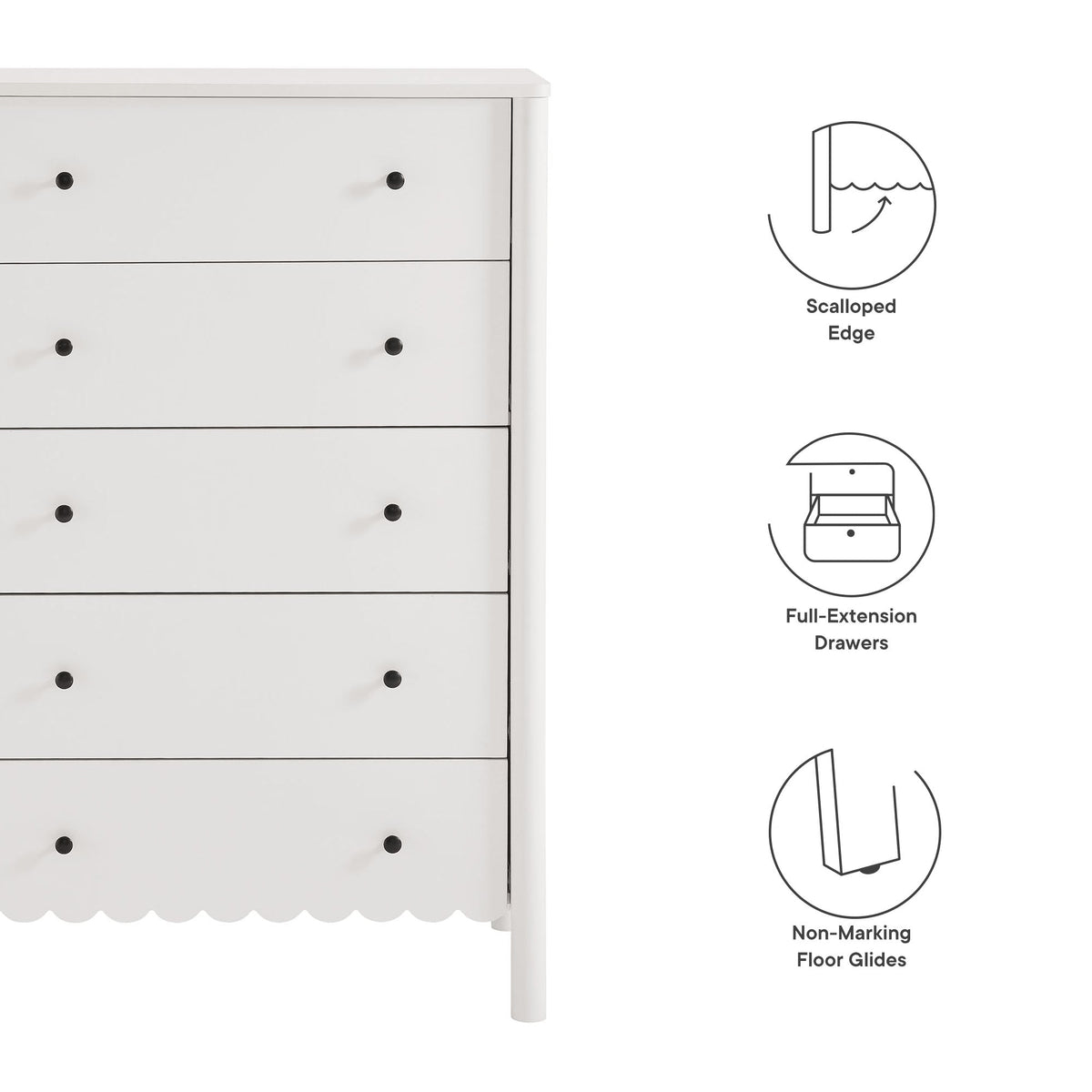 Emmeline Scalloped 5-Drawer Chest white finish with scalloped edge and black knobs on Tampa Home & Garden Store
