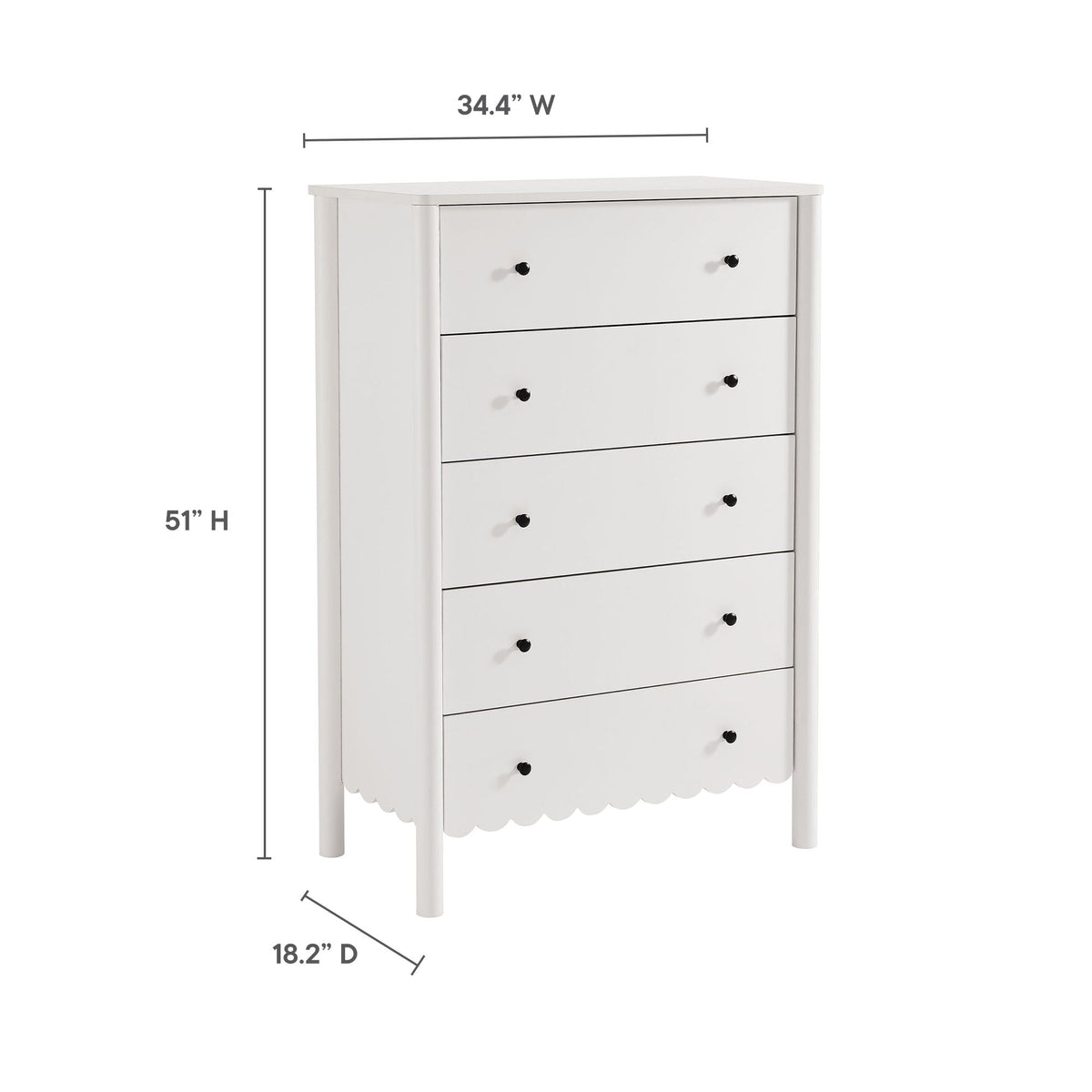Emmeline Scalloped 5-Drawer Chest by Modway in white with black knobs on Tampa Home & Garden Store
