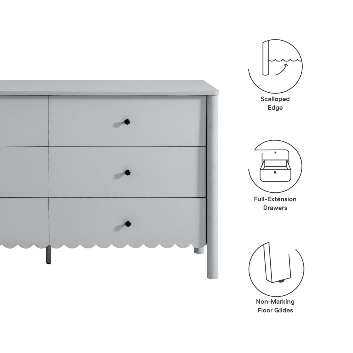Emmeline scalloped-edge 6-drawer dresser in gray with round black knobs on Tampa Home & Garden Store