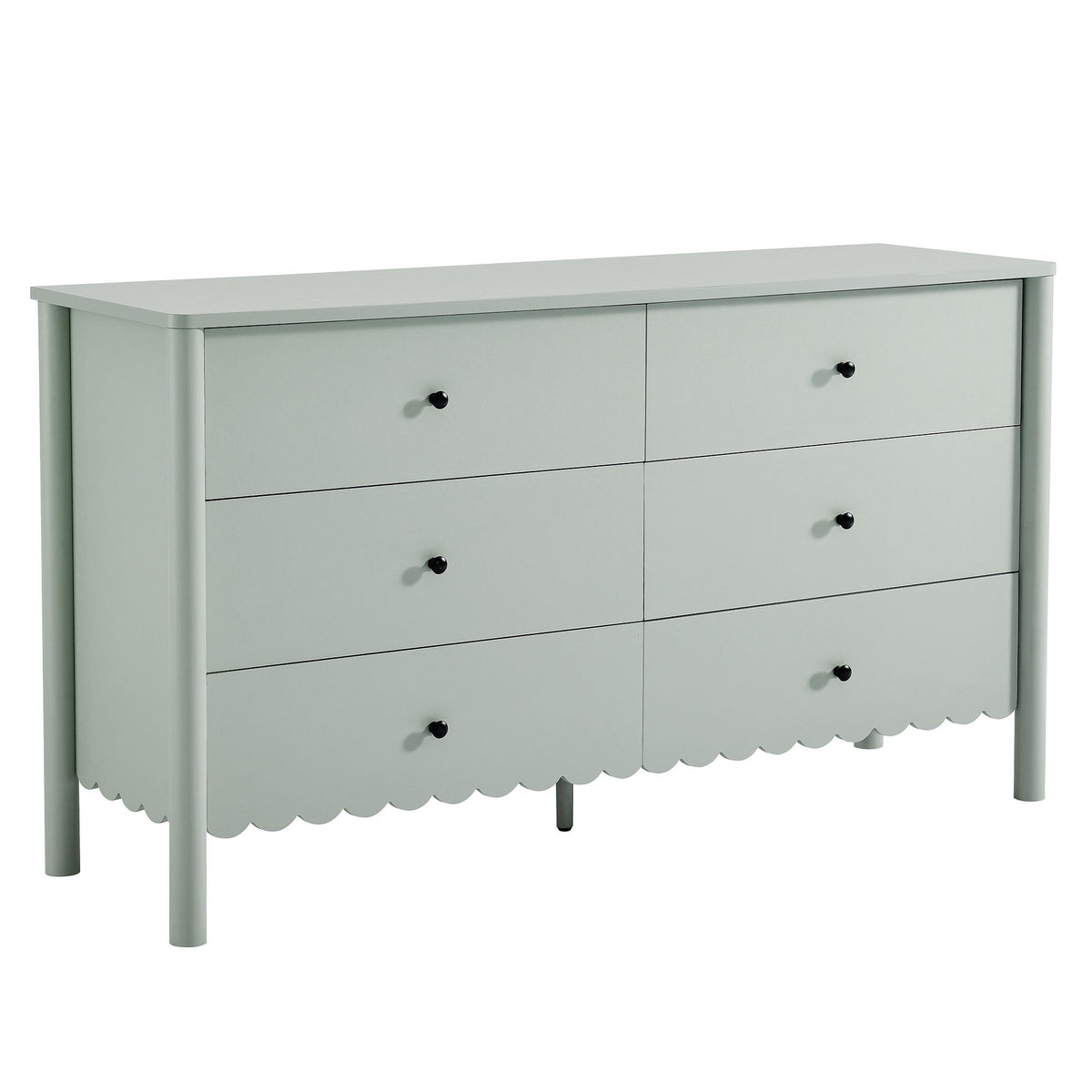 Emmeline Scalloped 6-Drawer Dresser in soft sage green with black knobs and scalloped base on Tampa Home & Garden Store